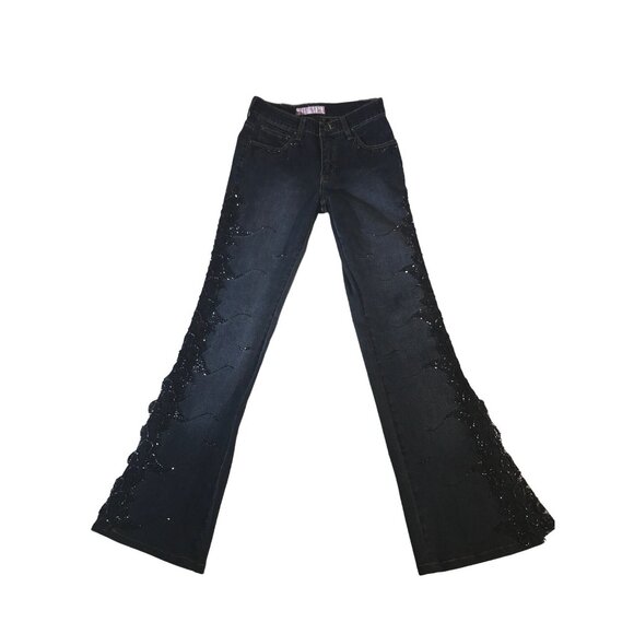 Sassy Thai Women's Vintage Blue & Black Beaded Flare Jeans - Picture 1 of 10